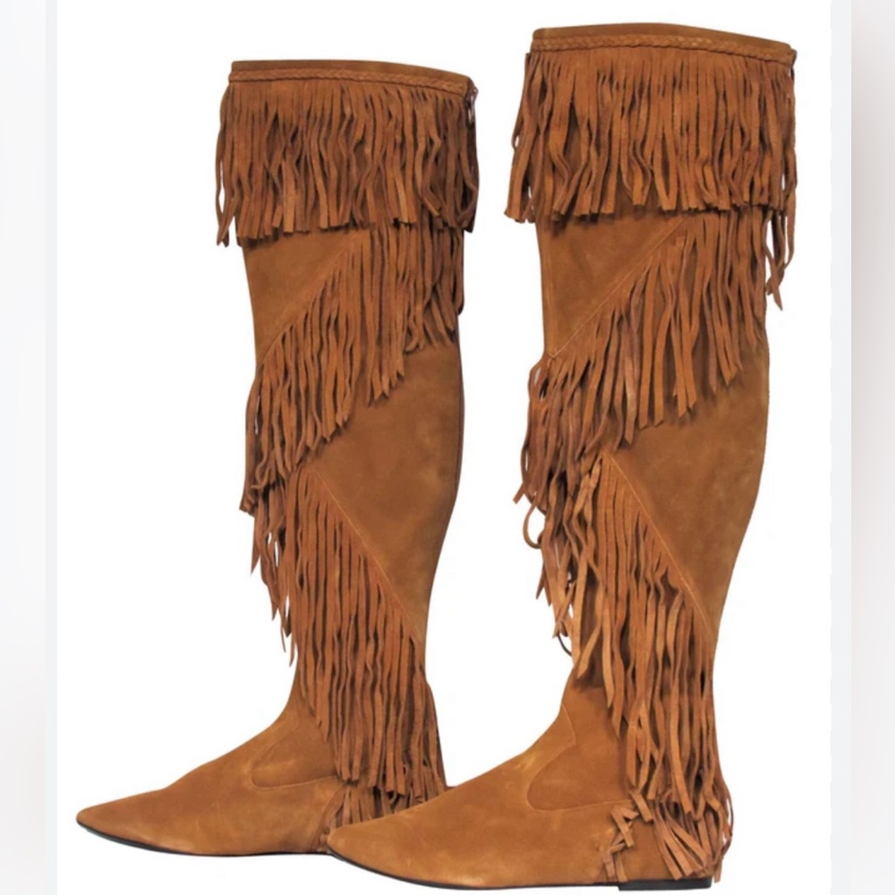 SAM EDELMAN "Uri" tall fringe OTK boots, camel suede, BOHO Women’s 9.5 M